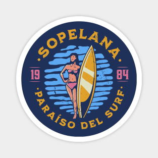 Vintage Sopelana, Spain Surfer's Paradise // Retro Surfing 1980s Badge Magnet